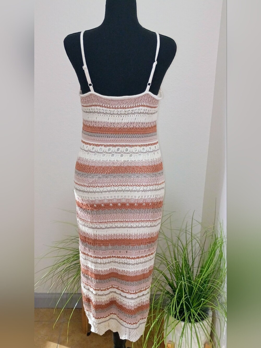 Freshman 1996 Striped Crochet Midi Dress in Cream and Brown - Picture 3 of 9